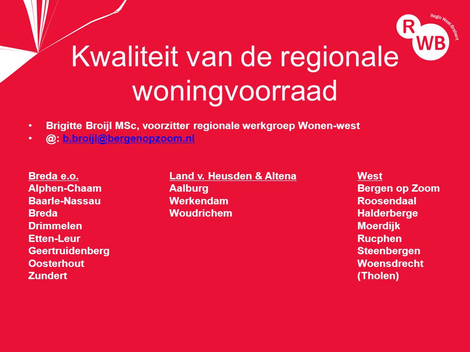 titel Kwaliteit van de regionale woningvoorraad Brigitte Broijl MSc, voorzitter regionale werkgroep Breda e.o.Land v.