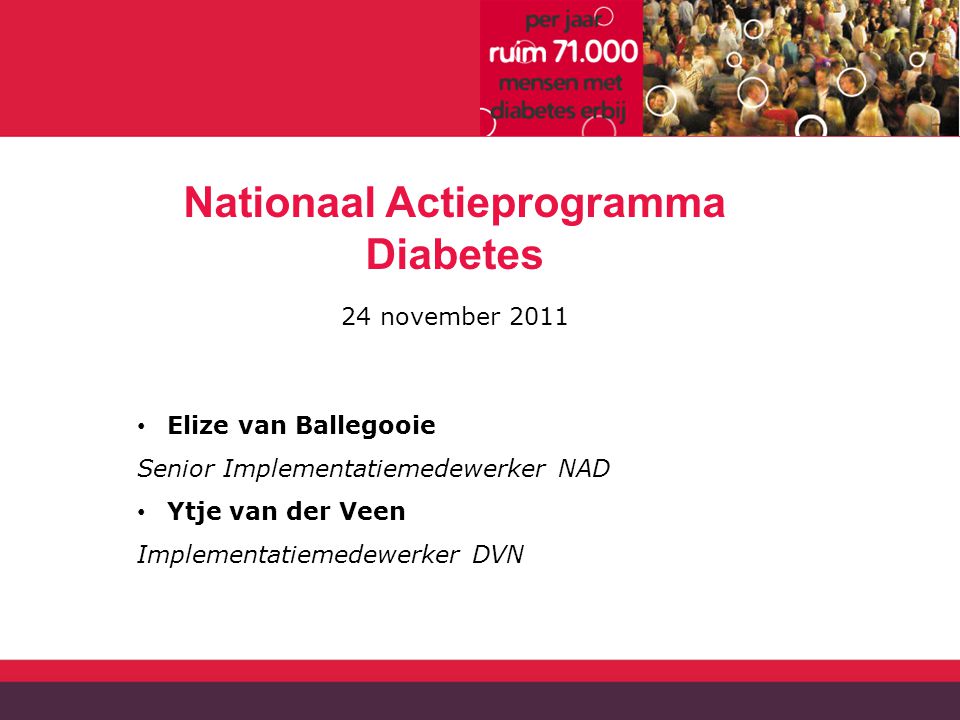 Nationaal Actieprogramma Diabetes 24 november 2011 Elize van Ballegooie Senior Implementatiemedewerker NAD Ytje van der Veen Implementatiemedewerker DVN