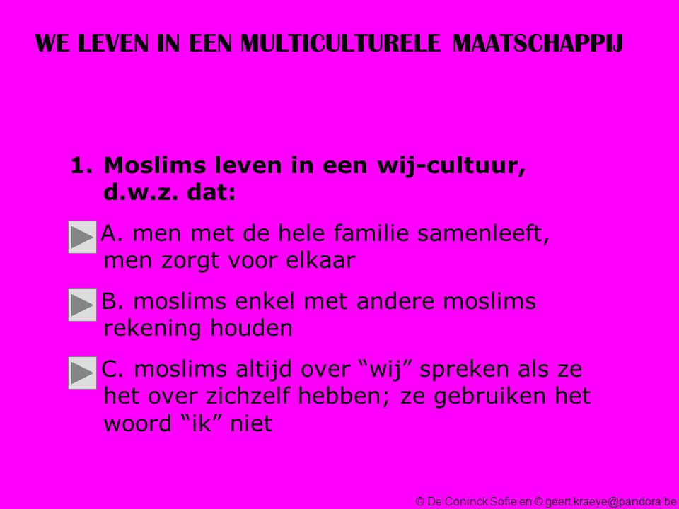 © De Coninck Sofie en © WE LEVEN IN EEN MULTICULTURELE MAATSCHAPPIJ 1.Moslims leven in een wij-cultuur, d.w.z.