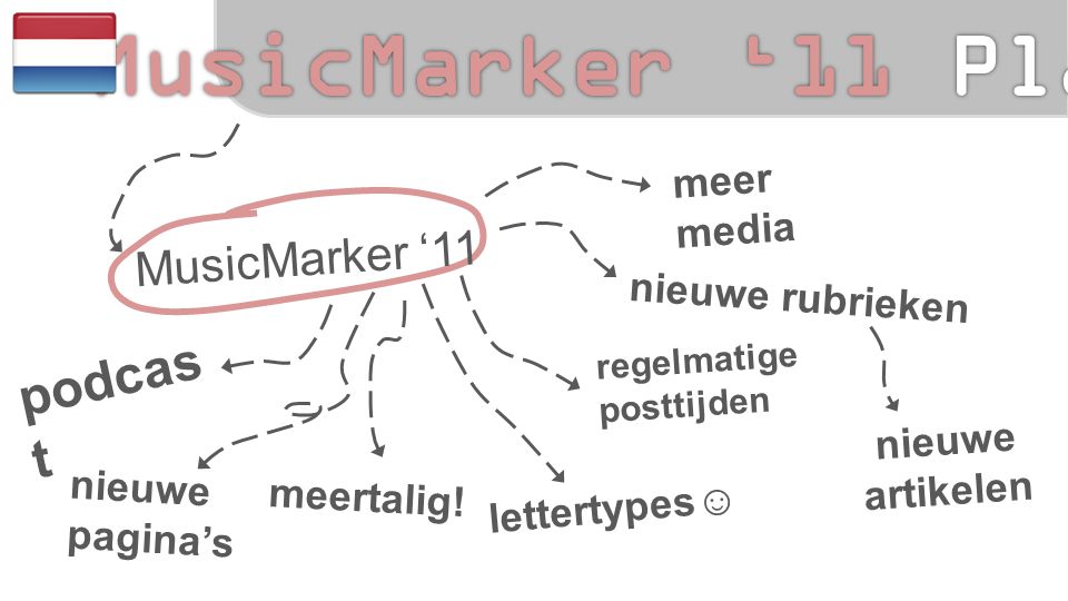 MusicMarker ‘11 meer media nieuwe rubrieken nieuwe artikelen podcas t regelmatige posttijden nieuwe pagina’s meertalig.