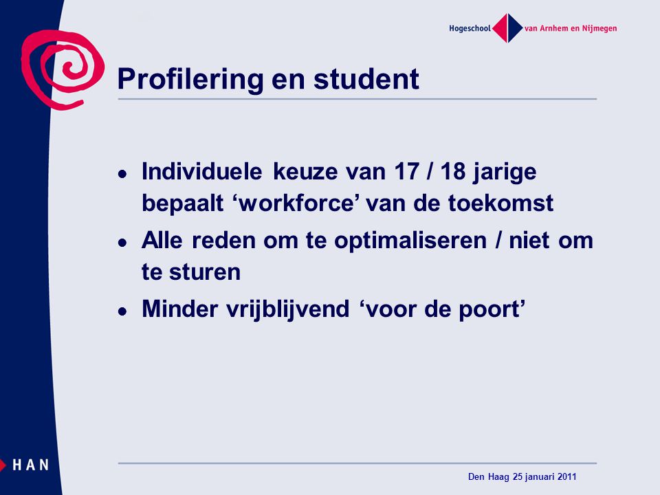 Profilering en student Individuele keuze van 17 / 18 jarige bepaalt ‘workforce’ van de toekomst Alle reden om te optimaliseren / niet om te sturen Minder vrijblijvend ‘voor de poort’ Den Haag 25 januari 2011