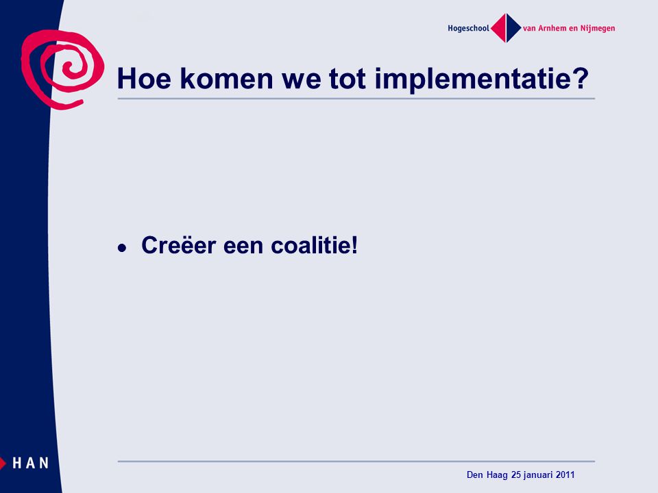 Hoe komen we tot implementatie Creëer een coalitie! Den Haag 25 januari 2011