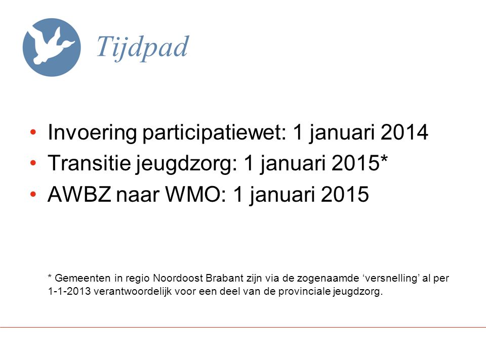 Tijdpad Invoering participatiewet: 1 januari 2014 Transitie jeugdzorg: 1 januari 2015* AWBZ naar WMO: 1 januari 2015 * Gemeenten in regio Noordoost Brabant zijn via de zogenaamde ‘versnelling’ al per verantwoordelijk voor een deel van de provinciale jeugdzorg.