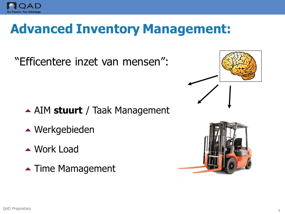 QAD Proprietary 4 Advanced Inventory Management: Efficentere inzet van mensen :  AIM stuurt / Taak Management  Werkgebieden  Work Load  Time Mamagement