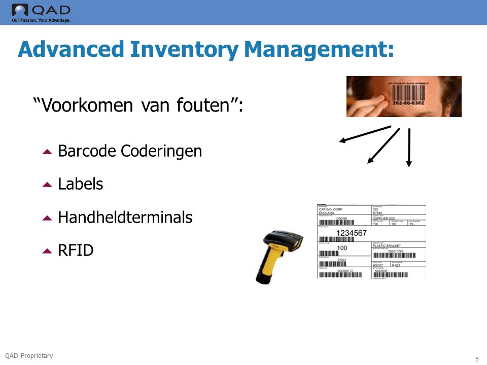 QAD Proprietary 6 Advanced Inventory Management: Voorkomen van fouten :  Barcode Coderingen  Labels  Handheldterminals  RFID