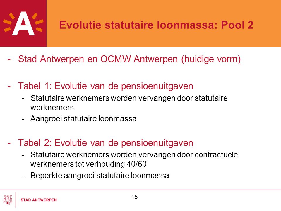 15 Evolutie statutaire loonmassa: Pool 2 -Stad Antwerpen en OCMW Antwerpen (huidige vorm) -Tabel 1: Evolutie van de pensioenuitgaven -Statutaire werknemers worden vervangen door statutaire werknemers -Aangroei statutaire loonmassa -Tabel 2: Evolutie van de pensioenuitgaven -Statutaire werknemers worden vervangen door contractuele werknemers tot verhouding 40/60 -Beperkte aangroei statutaire loonmassa