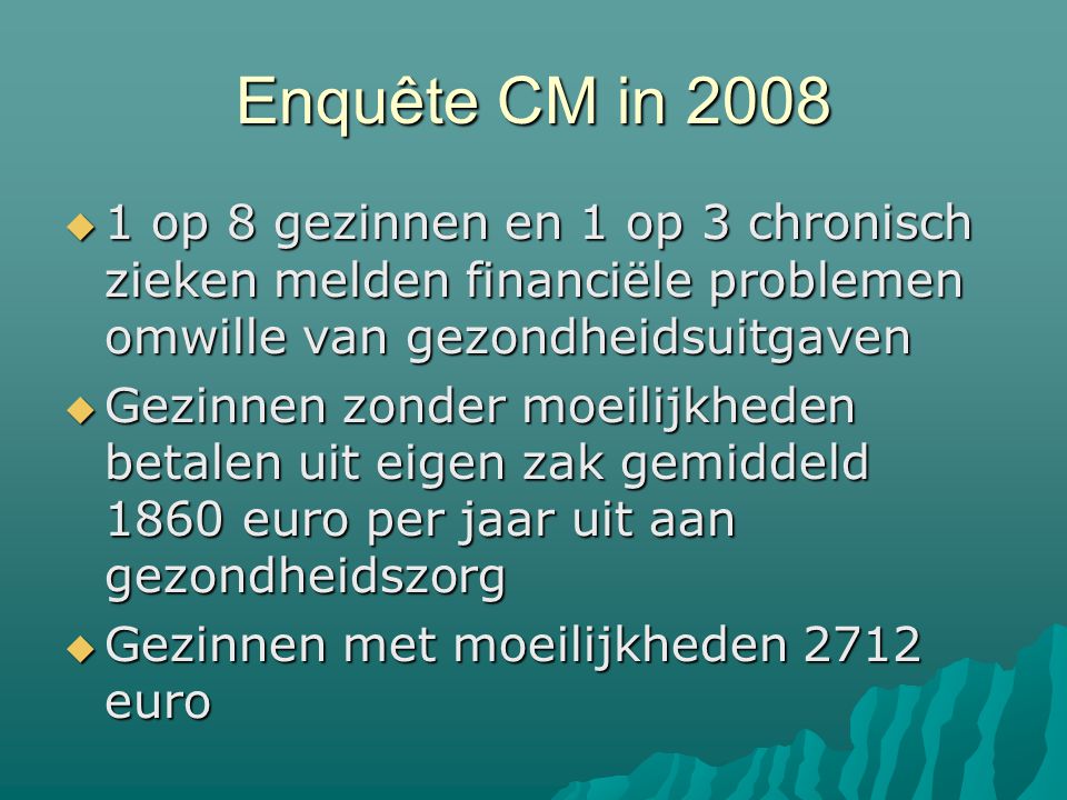 Enquête CM in 2008  1 op 8 gezinnen en 1 op 3 chronisch zieken melden financiële problemen omwille van gezondheidsuitgaven  Gezinnen zonder moeilijkheden betalen uit eigen zak gemiddeld 1860 euro per jaar uit aan gezondheidszorg  Gezinnen met moeilijkheden 2712 euro