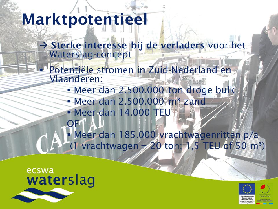 Marktpotentieel  Sterke interesse bij de verladers voor het Waterslag-concept  Potentiële stromen in Zuid-Nederland en Vlaanderen:  Meer dan ton droge bulk  Meer dan m³ zand  Meer dan TEU OF  Meer dan vrachtwagenritten p/a (1 vrachtwagen = 20 ton; 1,5 TEU of 50 m³)