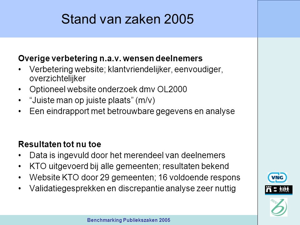 Benchmarking Publiekszaken 2005 Stand van zaken 2005 Overige verbetering n.a.v.