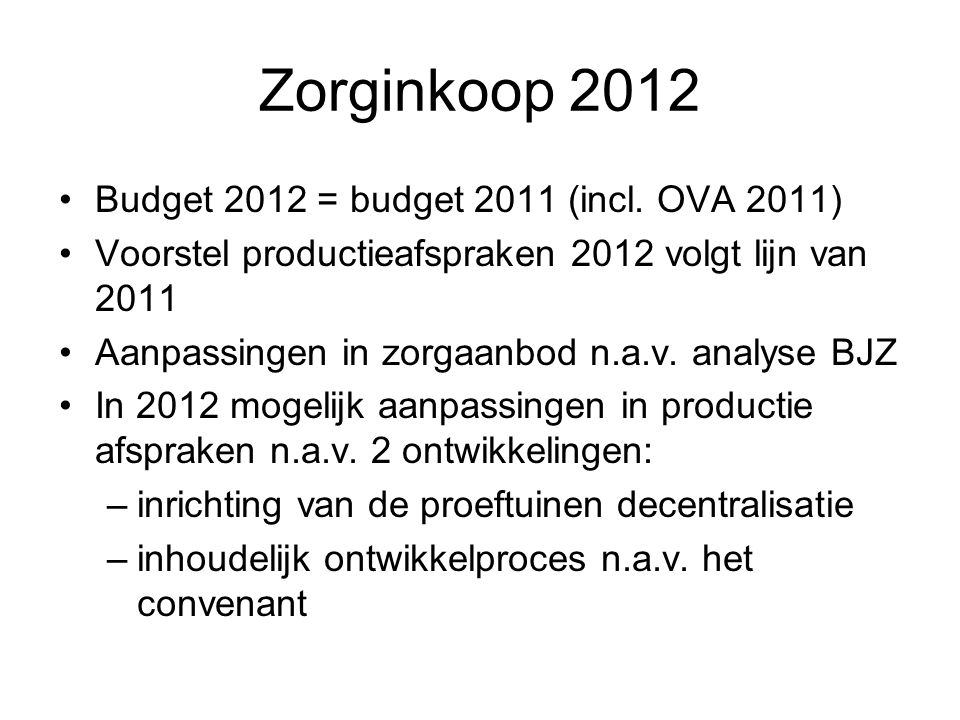 Zorginkoop 2012 Budget 2012 = budget 2011 (incl.