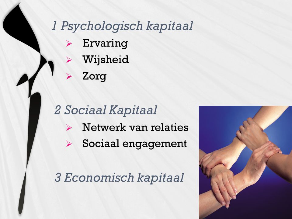 1 Psychologisch kapitaal  Ervaring  Wijsheid  Zorg 2 Sociaal Kapitaal  Netwerk van relaties  Sociaal engagement 3 Economisch kapitaal