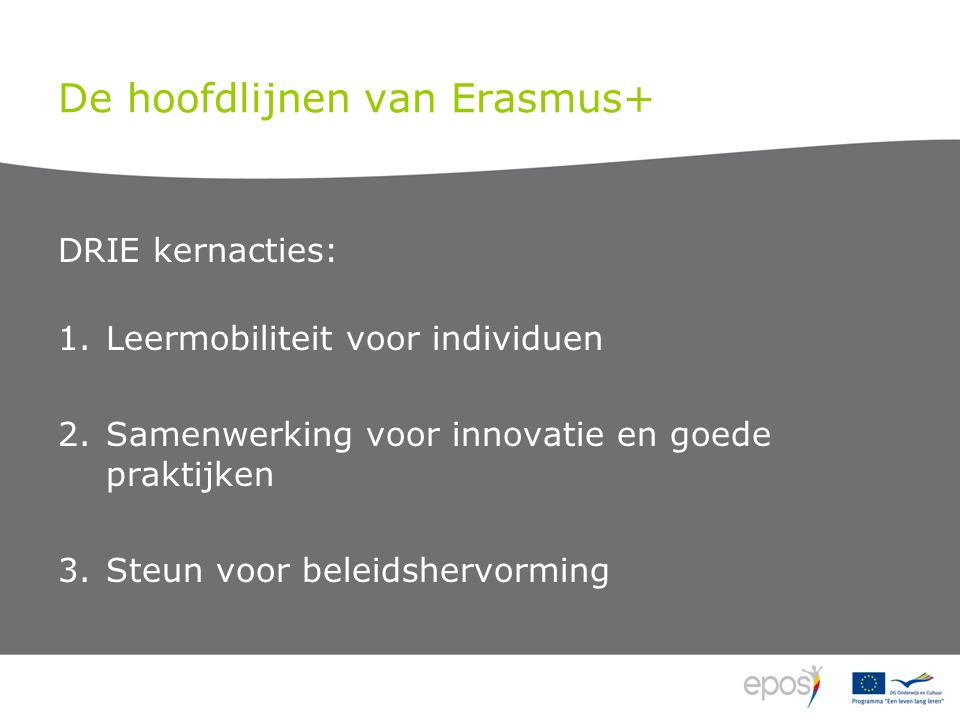 De hoofdlijnen van Erasmus+ DRIE kernacties: 1.Leermobiliteit voor individuen 2.Samenwerking voor innovatie en goede praktijken 3.Steun voor beleidshervorming