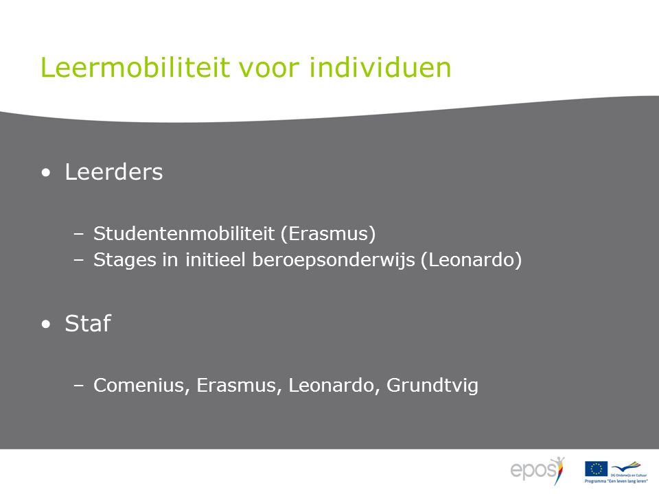 Leermobiliteit voor individuen Leerders –Studentenmobiliteit (Erasmus) –Stages in initieel beroepsonderwijs (Leonardo) Staf –Comenius, Erasmus, Leonardo, Grundtvig