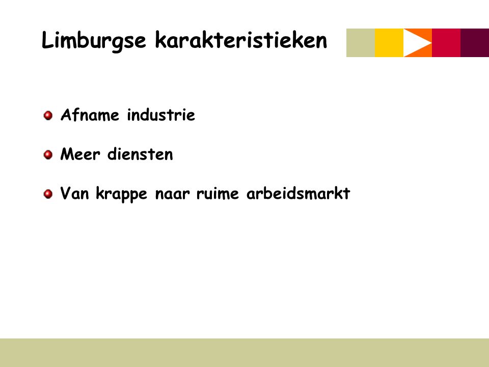 Limburgse karakteristieken Afname industrie Meer diensten Van krappe naar ruime arbeidsmarkt