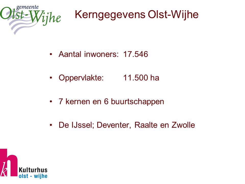 Kerngegevens Olst-Wijhe Aantal inwoners: Oppervlakte: ha 7 kernen en 6 buurtschappen De IJssel; Deventer, Raalte en Zwolle