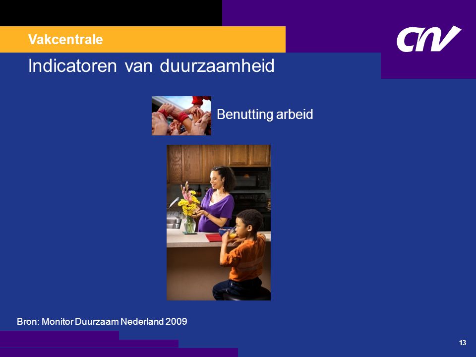 Vakcentrale 13 Indicatoren van duurzaamheid Benutting arbeid Bron: Monitor Duurzaam Nederland 2009