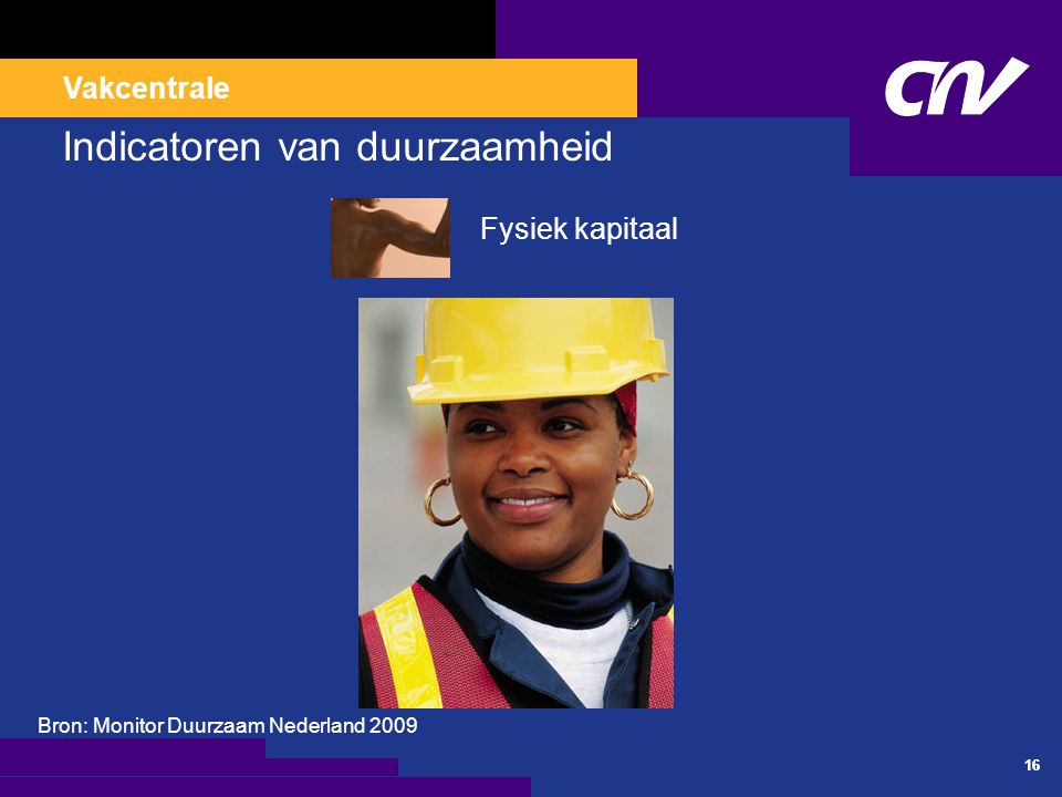 Vakcentrale 16 Indicatoren van duurzaamheid Fysiek kapitaal Bron: Monitor Duurzaam Nederland 2009