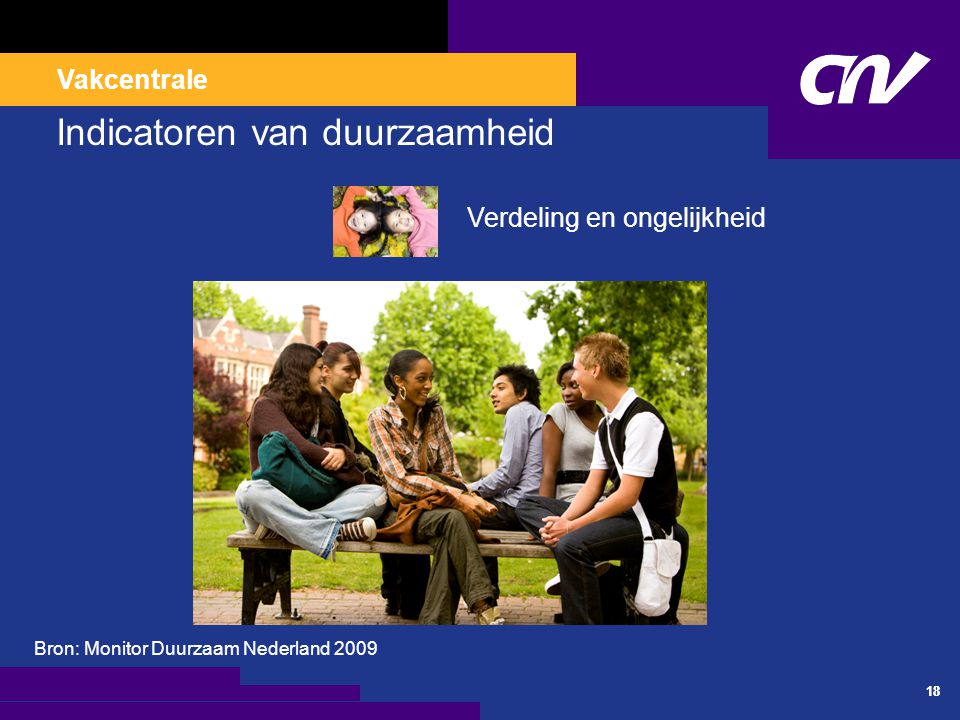 Vakcentrale 18 Indicatoren van duurzaamheid Verdeling en ongelijkheid Bron: Monitor Duurzaam Nederland 2009