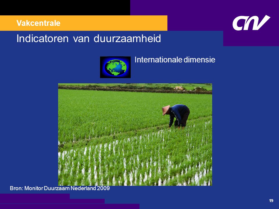 Vakcentrale 19 Indicatoren van duurzaamheid Internationale dimensie Bron: Monitor Duurzaam Nederland 2009