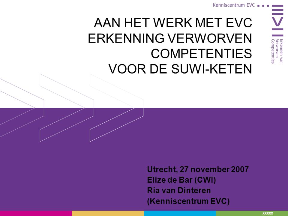 XXXXX AAN HET WERK MET EVC ERKENNING VERWORVEN COMPETENTIES VOOR DE SUWI-KETEN Utrecht, 27 november 2007 Elize de Bar (CWI) Ria van Dinteren (Kenniscentrum EVC)