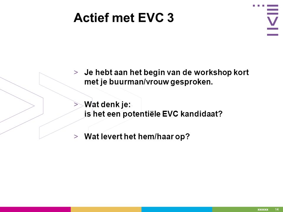 xxxxxx Actief met EVC 3 >Je hebt aan het begin van de workshop kort met je buurman/vrouw gesproken.