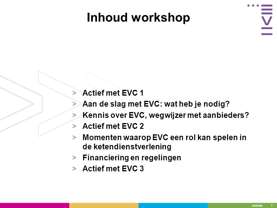 xxxxxx 2 Inhoud workshop >Actief met EVC 1 >Aan de slag met EVC: wat heb je nodig.