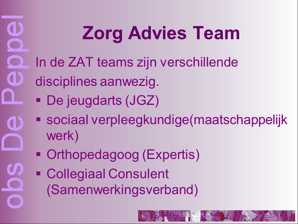 Zorg Advies Team In de ZAT teams zijn verschillende disciplines aanwezig.