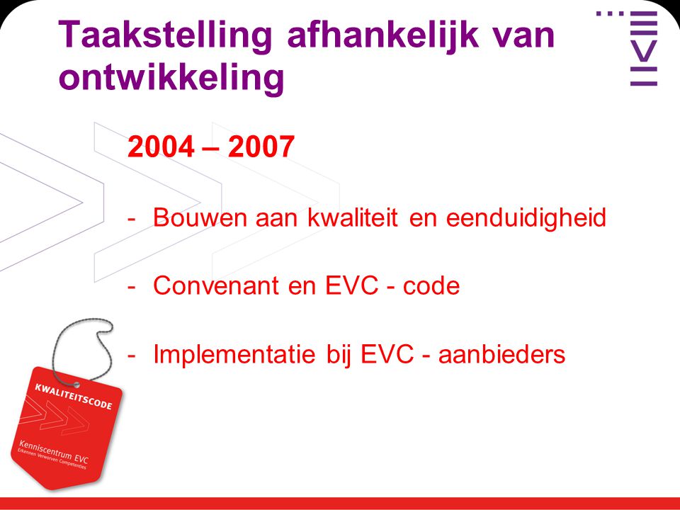 Taakstelling afhankelijk van ontwikkeling 2004 – Bouwen aan kwaliteit en eenduidigheid -Convenant en EVC - code -Implementatie bij EVC - aanbieders
