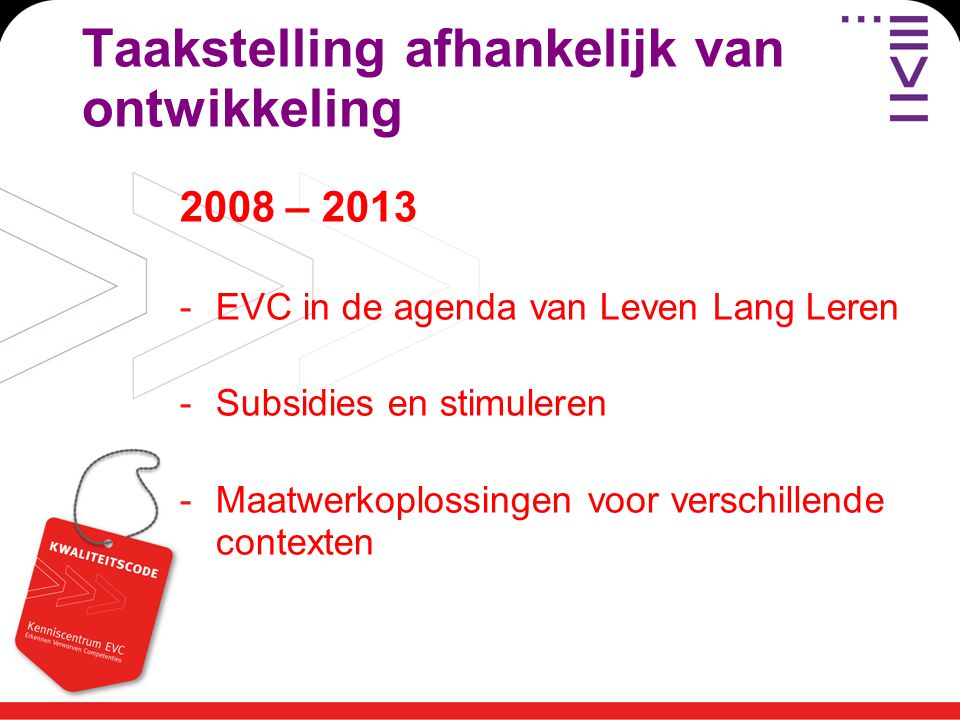 Taakstelling afhankelijk van ontwikkeling 2008 – EVC in de agenda van Leven Lang Leren -Subsidies en stimuleren -Maatwerkoplossingen voor verschillende contexten