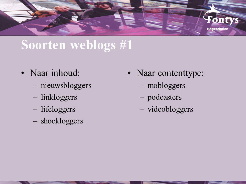 Soorten weblogs #1 Naar inhoud: –nieuwsbloggers –linkloggers –lifeloggers –shockloggers Naar contenttype: –mobloggers –podcasters –videobloggers