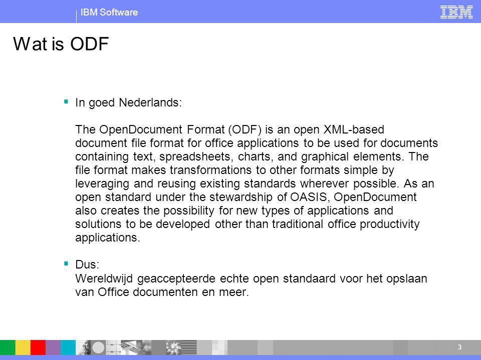 IBM Software 3 Wat is ODF  In goed Nederlands: The OpenDocument Format (ODF) is an open XML-based document file format for office applications to be used for documents containing text, spreadsheets, charts, and graphical elements.