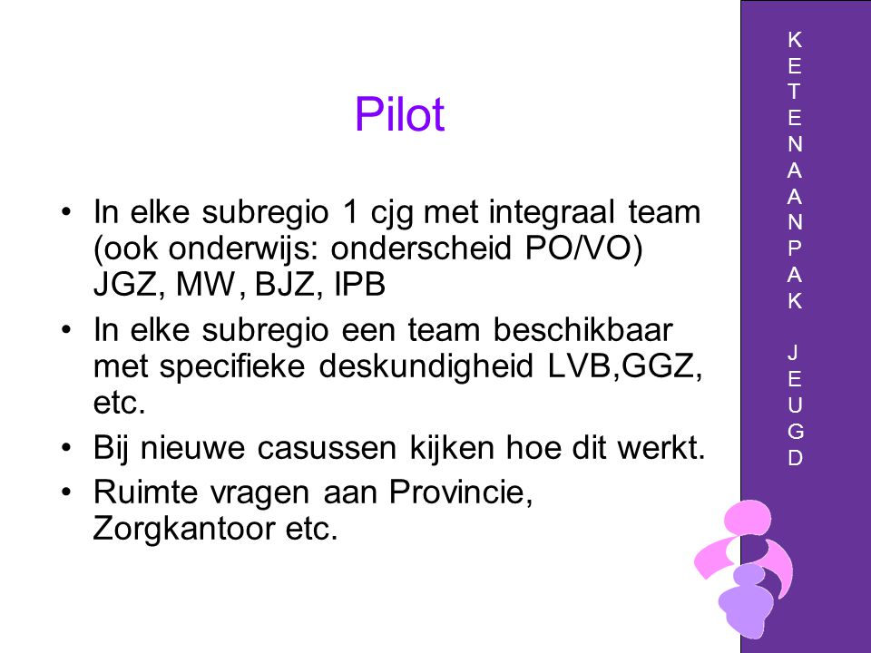 Pilot In elke subregio 1 cjg met integraal team (ook onderwijs: onderscheid PO/VO) JGZ, MW, BJZ, IPB In elke subregio een team beschikbaar met specifieke deskundigheid LVB,GGZ, etc.