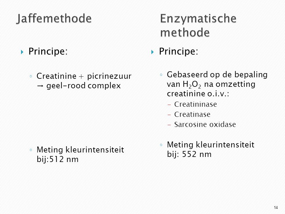 Principe: ◦ Creatinine + picrinezuur → geel-rood complex ◦ Meting kleurintensiteit bij:512 nm  Principe: ◦ Gebaseerd op de bepaling van H 2 O 2 na omzetting creatinine o.i.v.: -Creatininase -Creatinase -Sarcosine oxidase ◦ Meting kleurintensiteit bij: 552 nm 14
