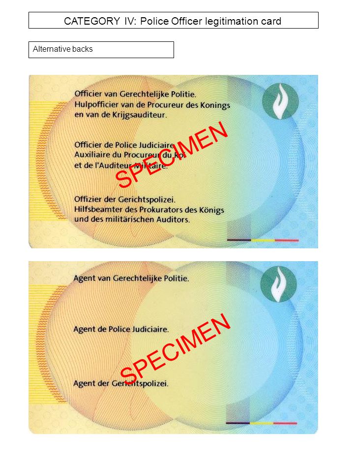 CATEGORY IV: Police Officer legitimation card Alternative backs SPECIMEN