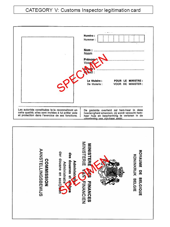 CATEGORY V: Customs Inspector legitimation card SPECIMEN