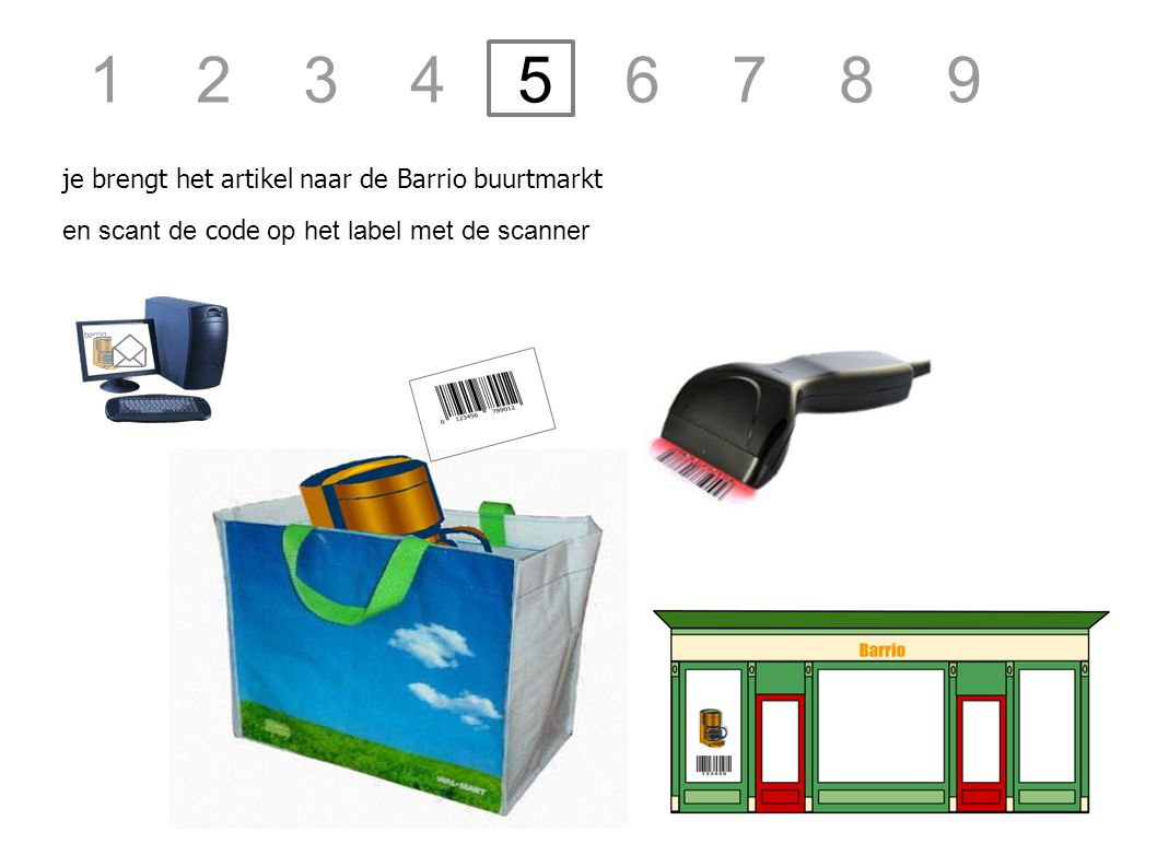 barrio je brengt het artikel naar de Barrio buurtmarkt en scant de code op het label met de scanner
