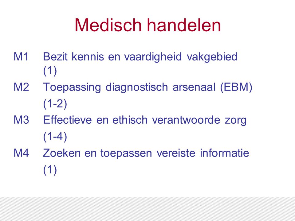 Medisch handelen M1Bezit kennis en vaardigheid vakgebied (1) M2Toepassing diagnostisch arsenaal (EBM) (1-2) M3Effectieve en ethisch verantwoorde zorg (1-4) M4Zoeken en toepassen vereiste informatie (1)