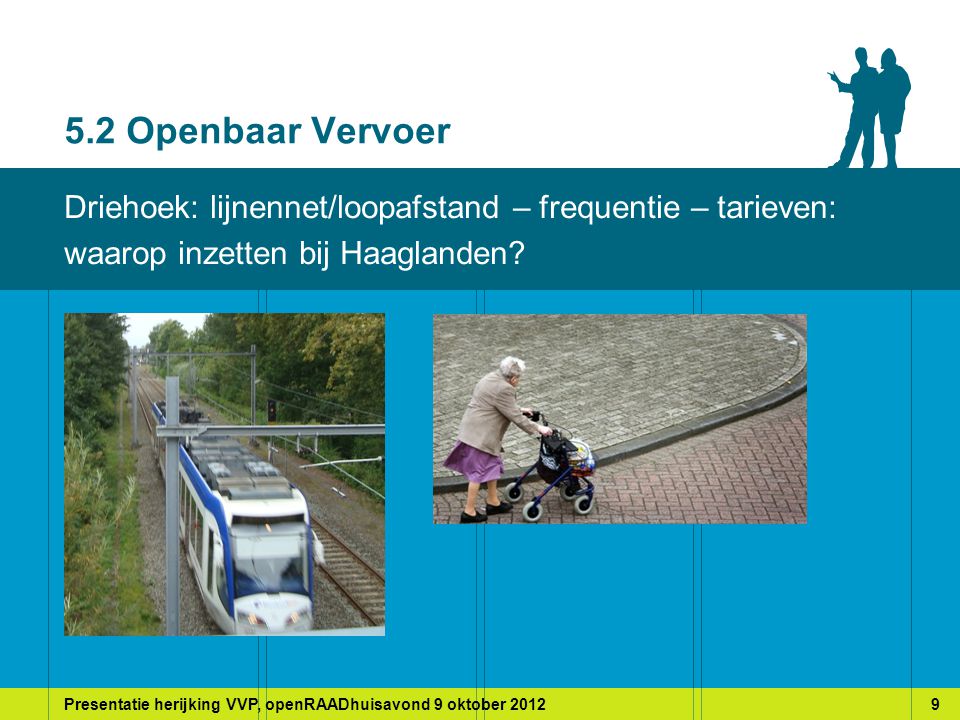Presentatie herijking VVP, openRAADhuisavond 9 oktober Openbaar Vervoer Driehoek: lijnennet/loopafstand – frequentie – tarieven: waarop inzetten bij Haaglanden