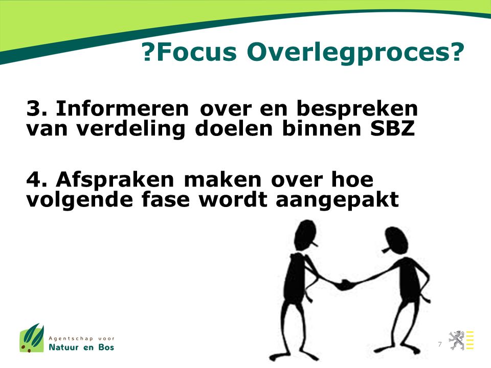 Focus Overlegproces. 3. Informeren over en bespreken van verdeling doelen binnen SBZ 4.