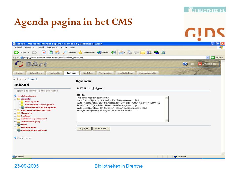 Bibliotheken in Drenthe Agenda pagina in het CMS
