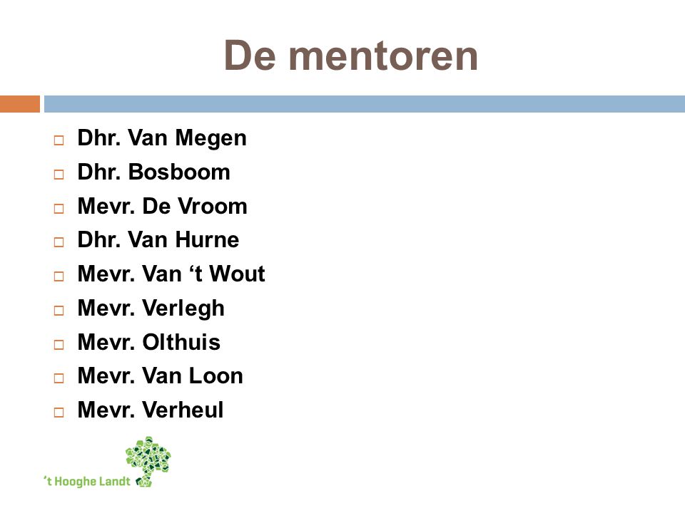 De mentoren  Dhr. Van Megen  Dhr. Bosboom  Mevr.
