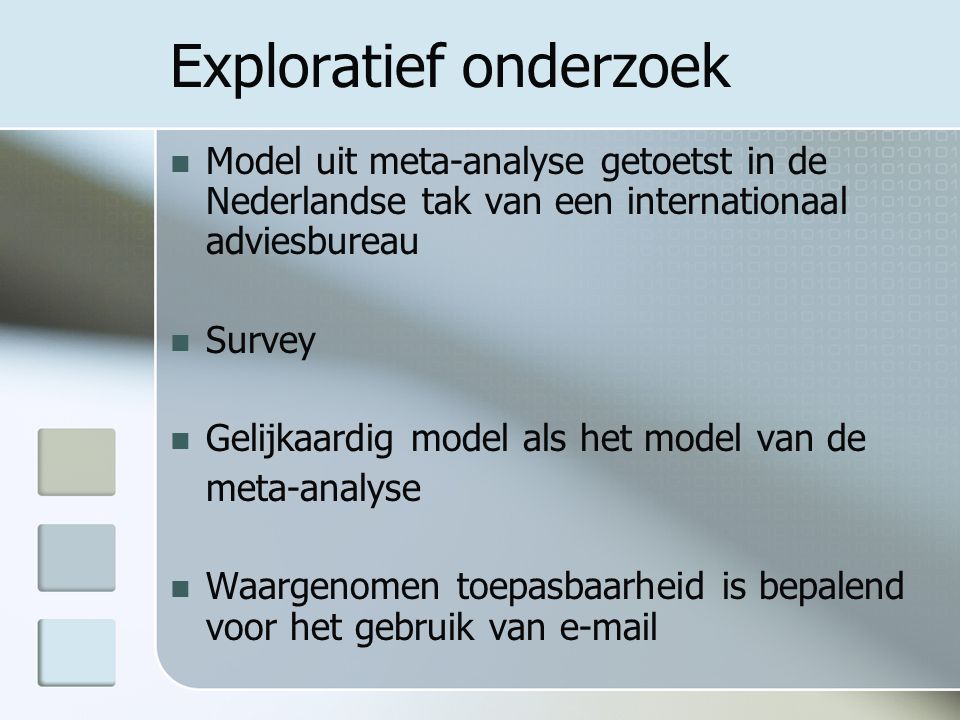 Exploratief onderzoek Model uit meta-analyse getoetst in de Nederlandse tak van een internationaal adviesbureau Survey Gelijkaardig model als het model van de meta-analyse Waargenomen toepasbaarheid is bepalend voor het gebruik van