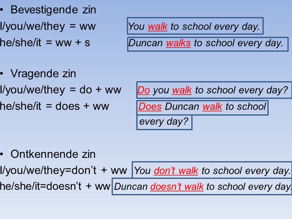 Bevestigende zin I/you/we/they = ww You walk to school every day.