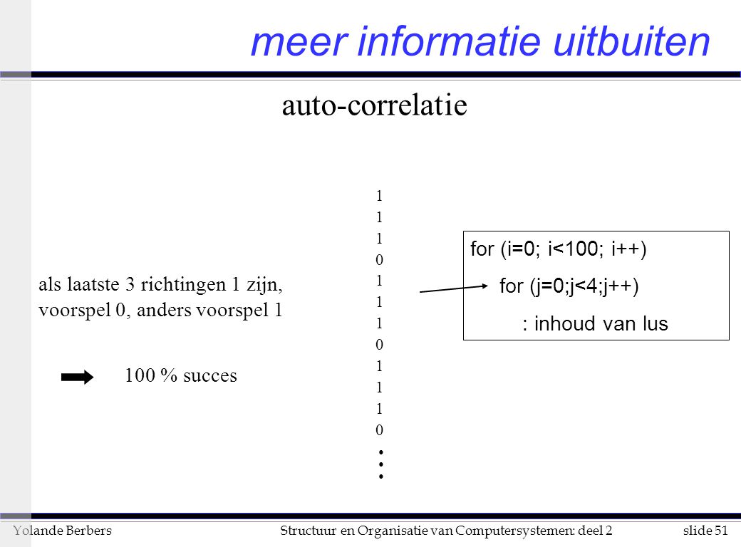 slide 51Structuur en Organisatie van Computersystemen: deel 2Yolande Berbers for (i=0; i<100; i++) for (j=0;j<4;j++) : inhoud van lus als laatste 3 richtingen 1 zijn, voorspel 0, anders voorspel % succes meer informatie uitbuiten auto-correlatie