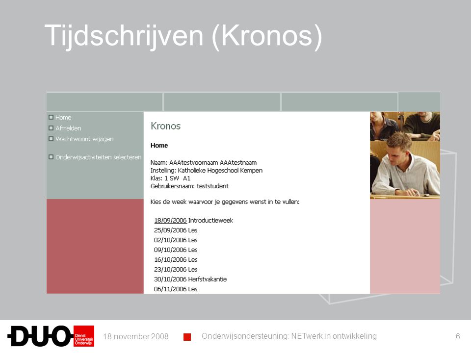 18 november 2008 Onderwijsondersteuning: NETwerk in ontwikkeling 6 Tijdschrijven (Kronos)