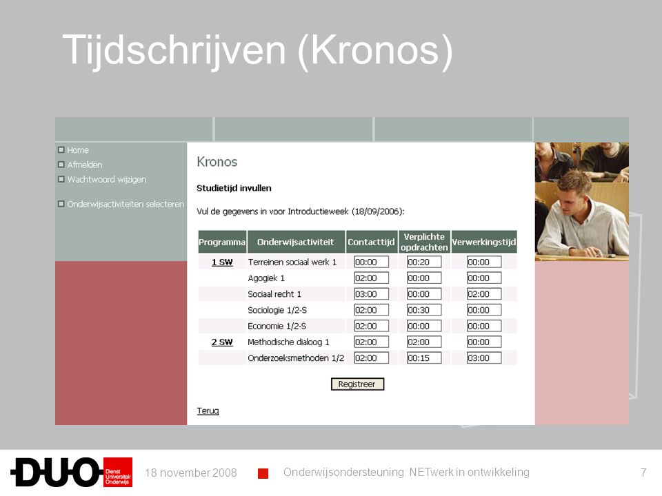 18 november 2008 Onderwijsondersteuning: NETwerk in ontwikkeling 7 Tijdschrijven (Kronos)