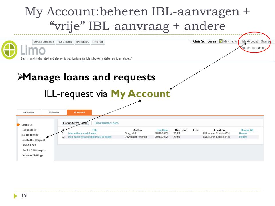 My Account:beheren IBL-aanvragen + vrije IBL-aanvraag + andere 19  Manage loans and requests ILL-request via My Account