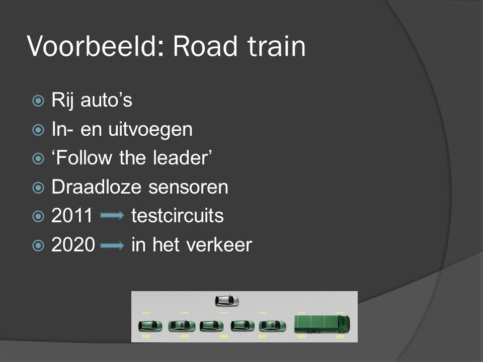 Voorbeeld: Road train  Rij auto’s  In- en uitvoegen  ‘Follow the leader’  Draadloze sensoren  2011 testcircuits  2020 in het verkeer