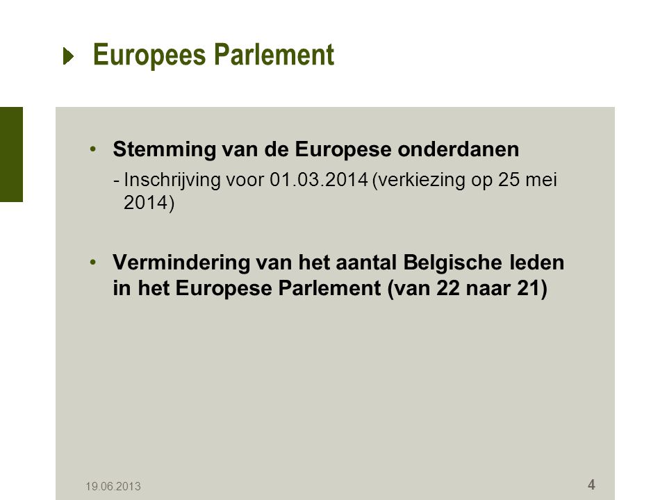 Europees Parlement Stemming van de Europese onderdanen -Inschrijving voor (verkiezing op 25 mei 2014) Vermindering van het aantal Belgische leden in het Europese Parlement (van 22 naar 21)