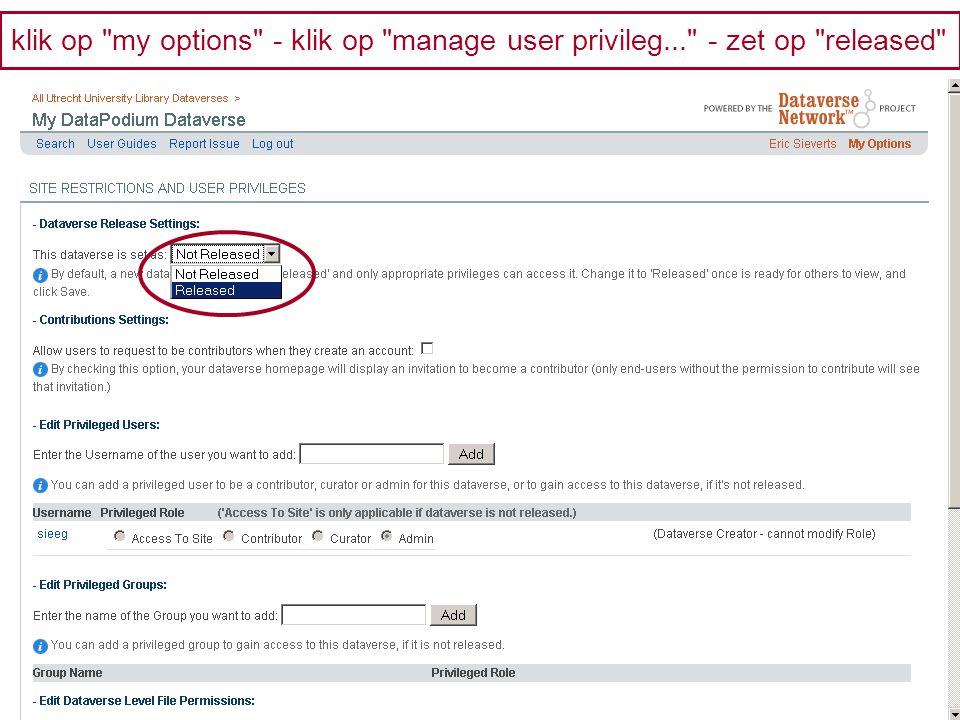 klik op my options - klik op manage user privileg... - zet op released